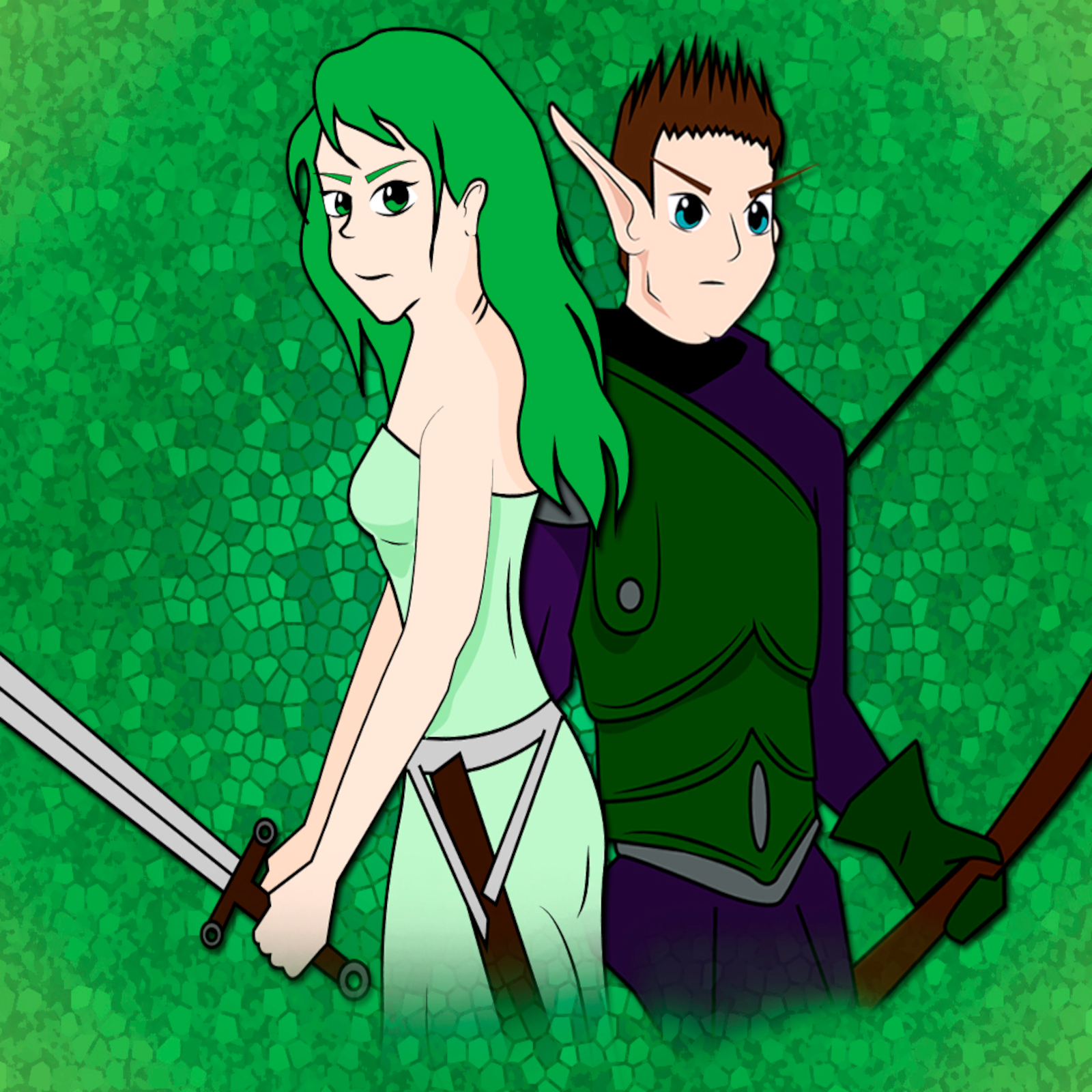 A woman with long green hair and green eyes facing left. She is wearing a mint green sleeveless dress and holding a sword. Behind her is a male elf with spikey brown hair and blue eyes. He is wearing a purple tunic, a green breast plate, and a quiver of arrows on his back. He is holding a bow. The background is a tiled green mosaic