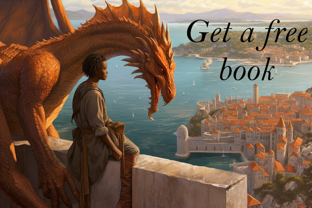 black teenager with orange dragon overlooking medieval port city with orange roofs